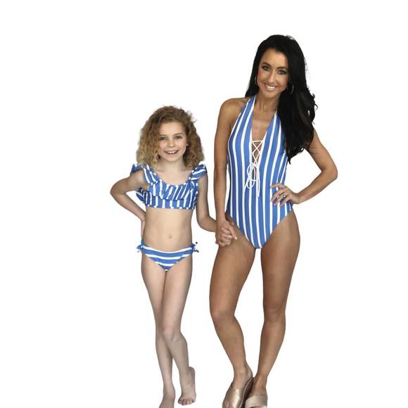 NEW MILLY girls pinafore string bikini in blue/ivory - Picture 3 of 3